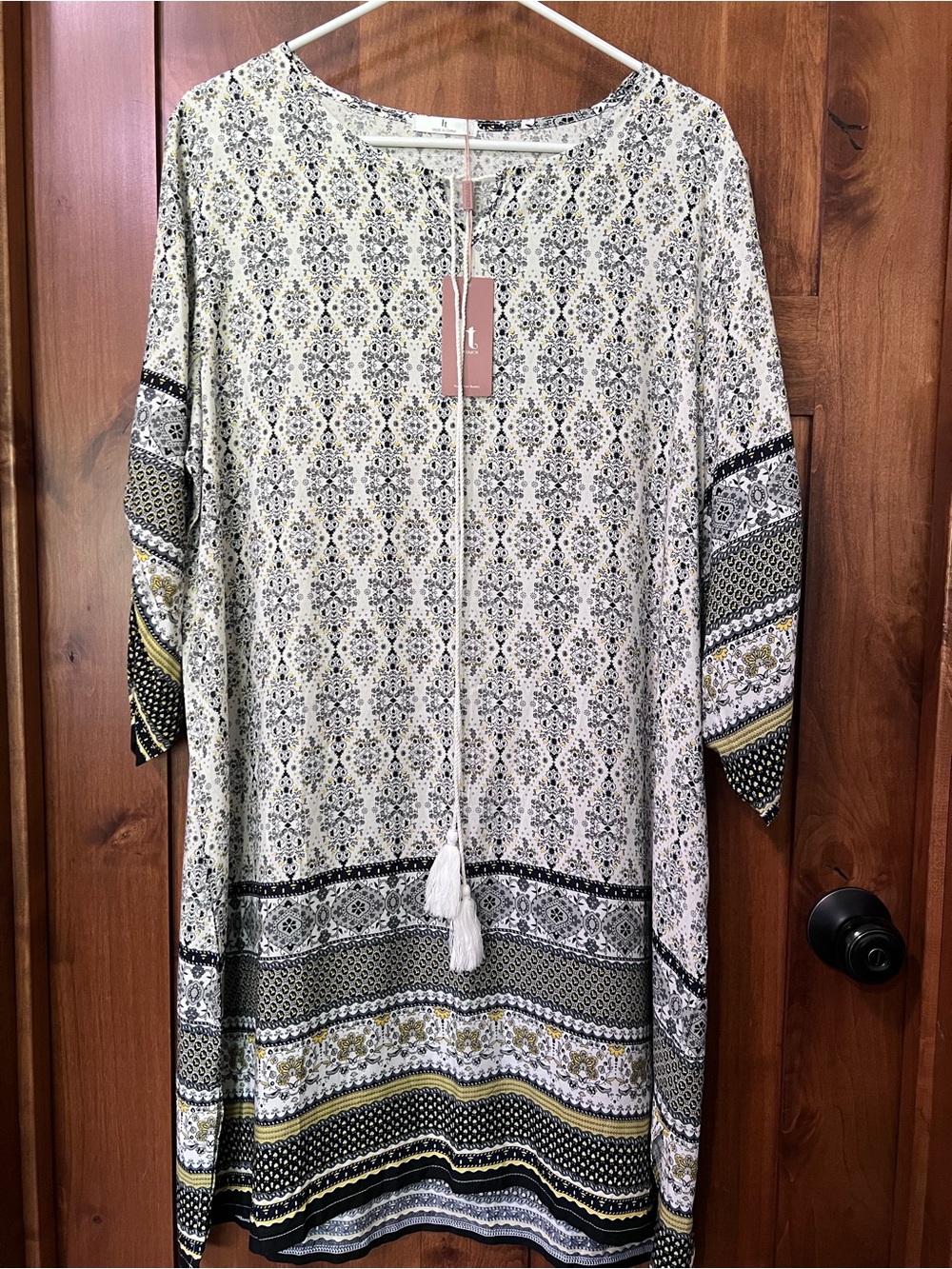 Boho Printed Midi Dress in White, Black & Yellow - Tassel Tie